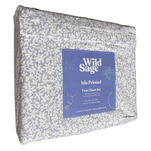 ICELANDIC BLUE Wild Sage Daisy Print 300 TC Cotton Percale-Weave TWIN Sheet Set